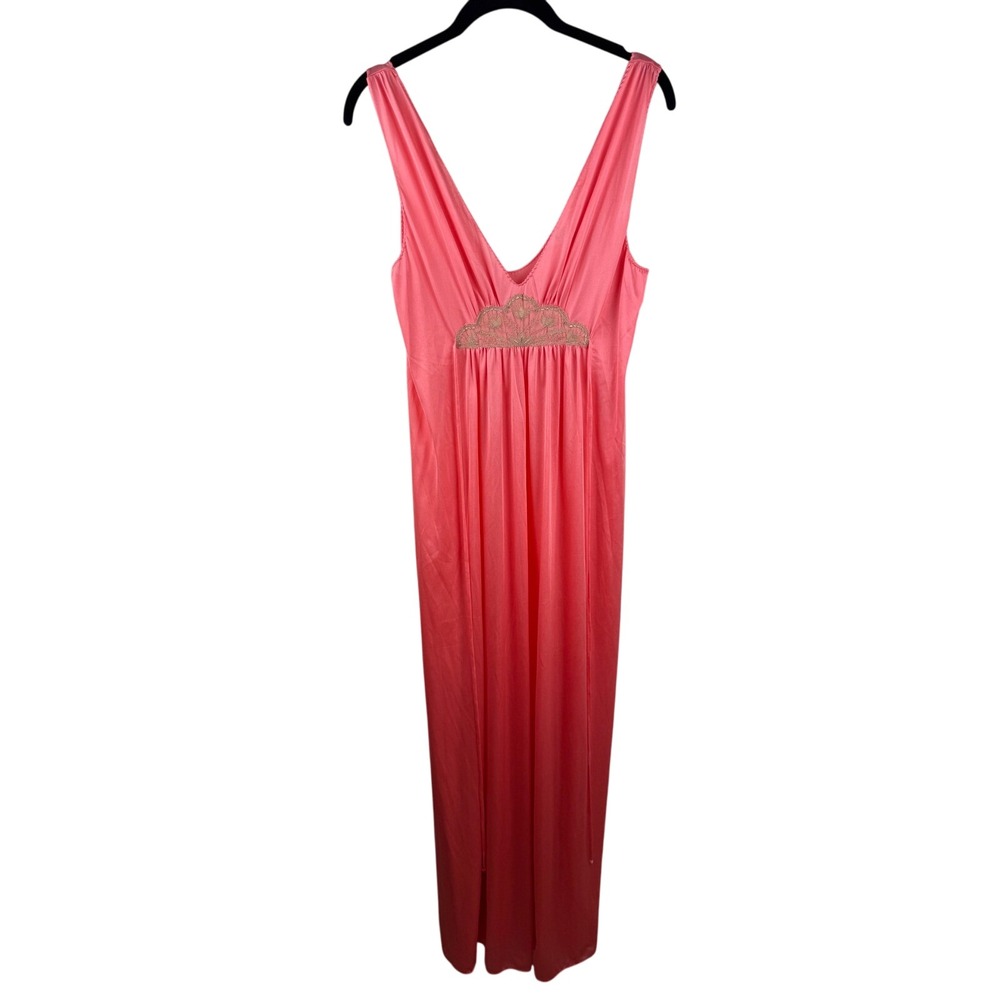 Vintage Kayser Coral‎ Pink Lace Trimmed V Neck Sleeveless Nightgown Maxi Slip M
